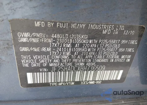 2011 Subaru Forester 2.5X Premium z USA, uszkodzony, nr VIN JF2SHADCXBH736509